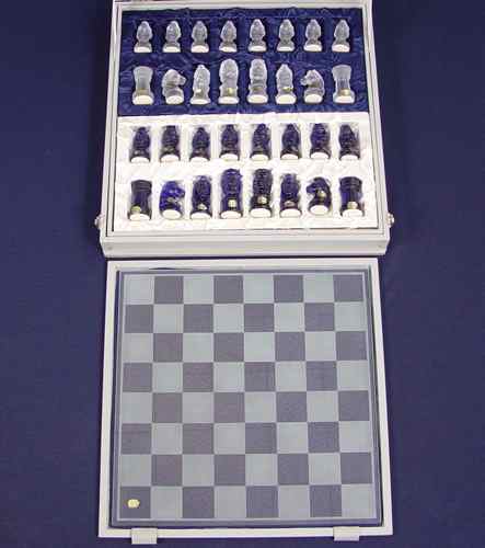 Appraisal: CZECH BOHEMIAN GLASS CHESS SET Cobalt and clear frosted glass