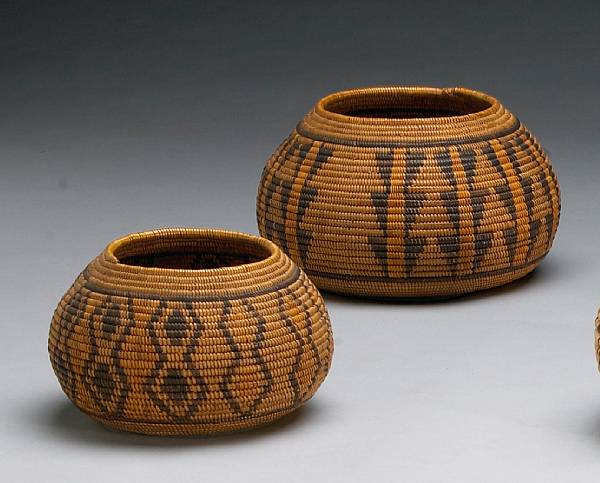 Appraisal: Two Mission polychrome baskets Both of globular form woven with