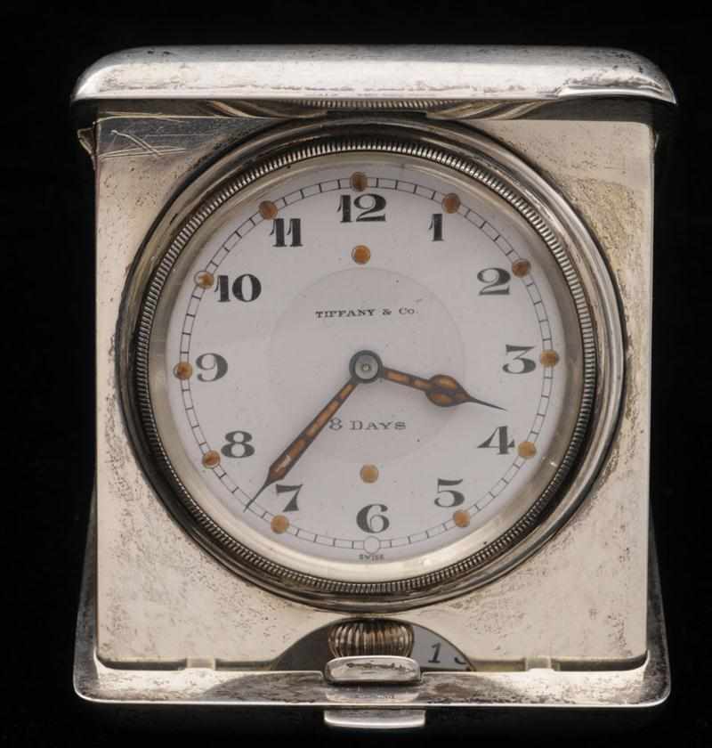 Appraisal: TIFFANY CO SILVER EIGHT DAY TRAVEL CLOCK With engraving on