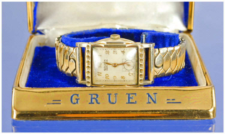 Appraisal: Gents Gruen Veri-Thin Wristwatch Rectangular Dial Gilt Arabic Numerals With