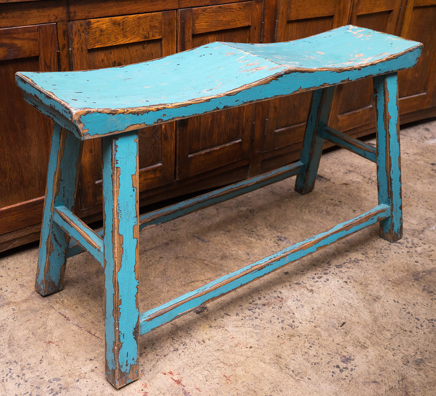 Appraisal: A RUSTIC ORIENTAL TIMBER TWO SEAT BENCH Distressed aqua paint