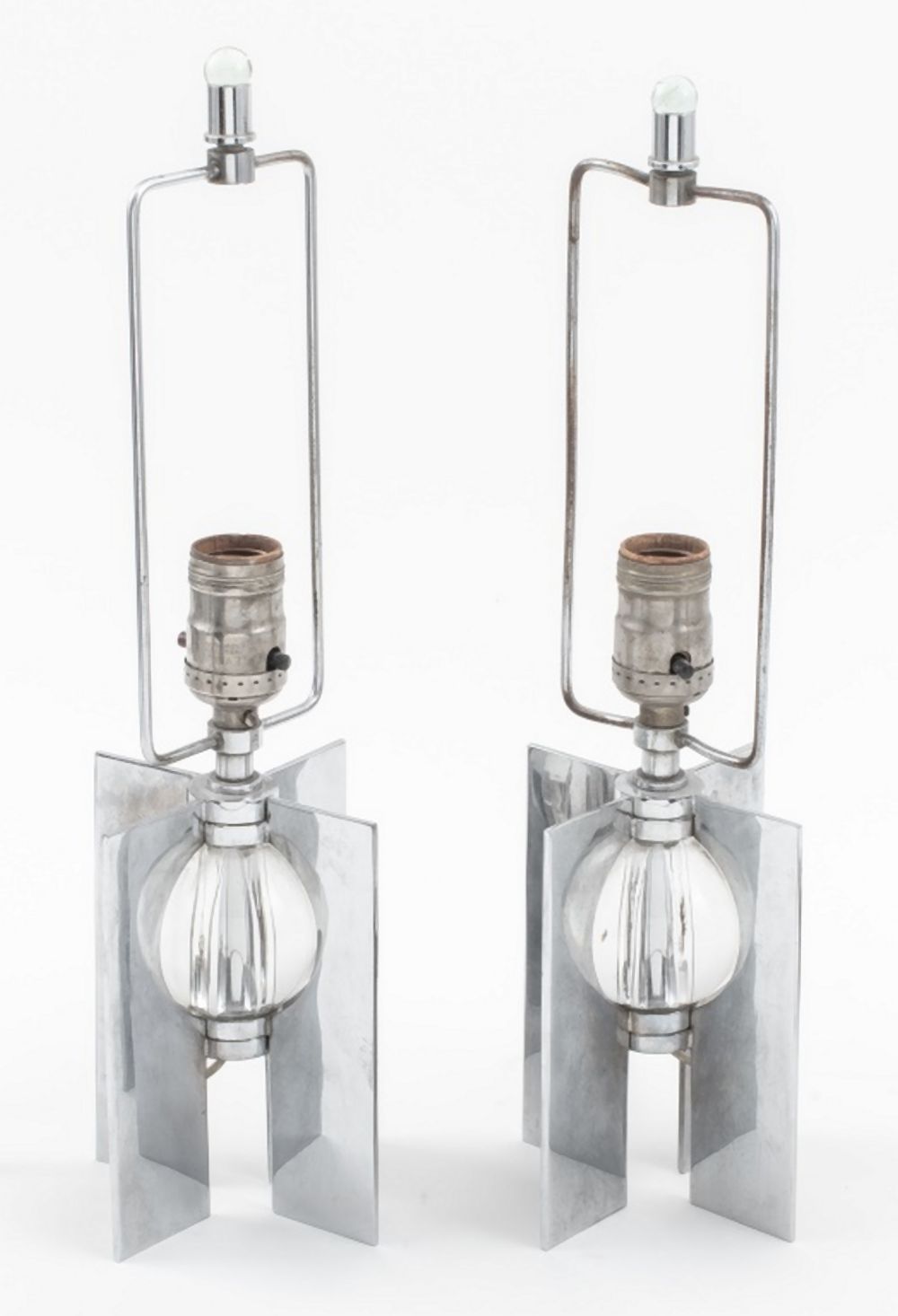 Appraisal: ART DECO CHROME GLASS TABLE LAMPS PAIR Pair of Art