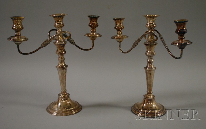 Appraisal: Pair of Sheffield Plate Three-Light Convertible Candelabra weighted base ht