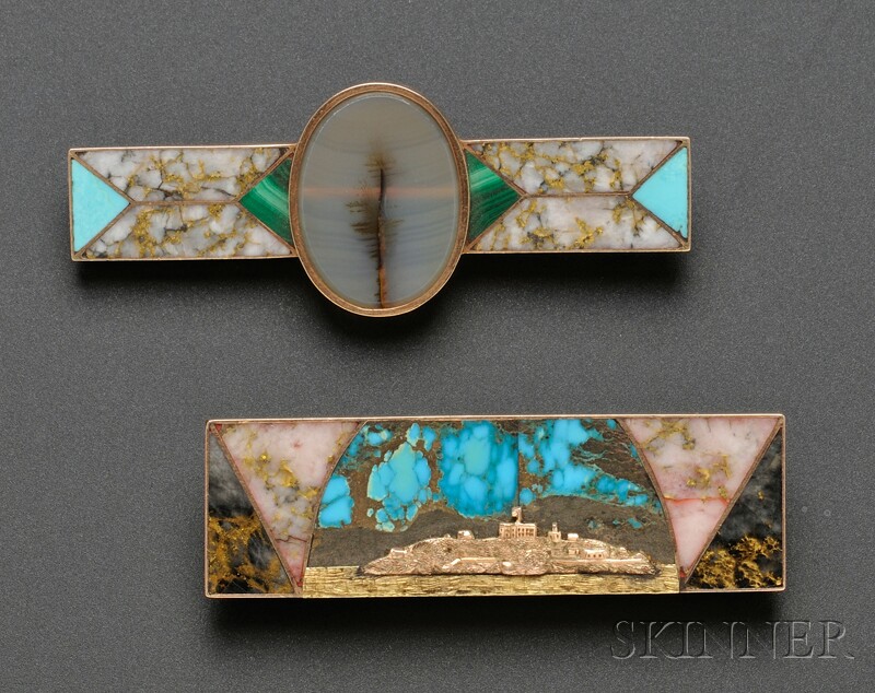 Appraisal: Unusual Inlaid Hardstone Scenic Brooch depicting Alcatraz Island c s