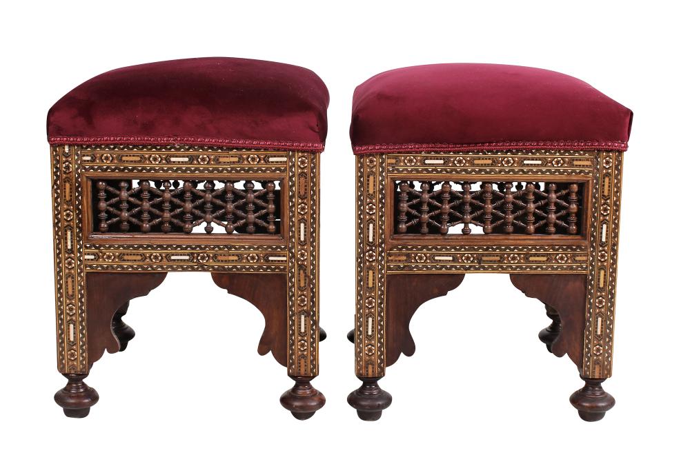 Appraisal: PAIR OF MOORISH MOSAIC INLAID STOOLSwith burgundy velvet upholstery each