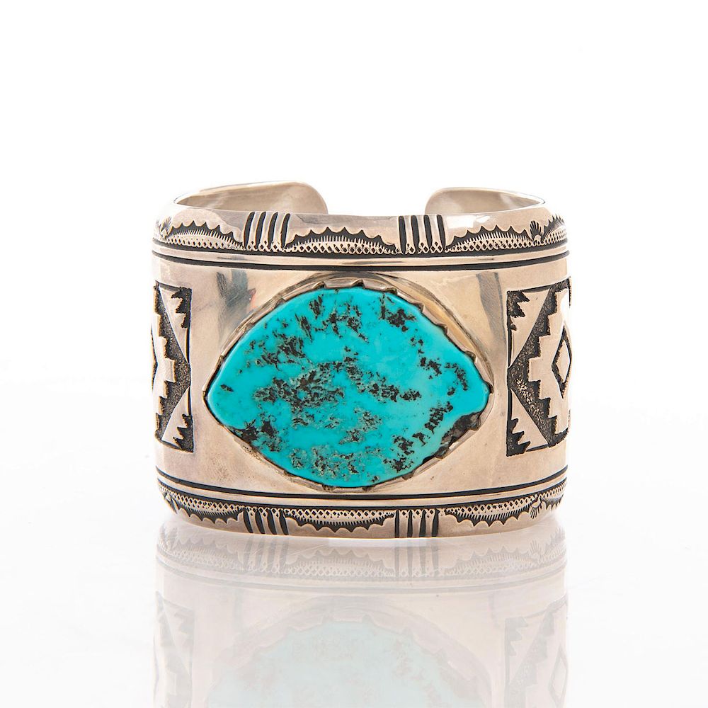 Appraisal: THOMAS SINGER NAVAJO SILVER TURQUOISE BRACELET Cuff bracelet with inset