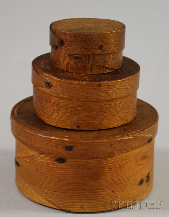 Appraisal: Three Small Round Graduated Lapped-seam Covered Boxes