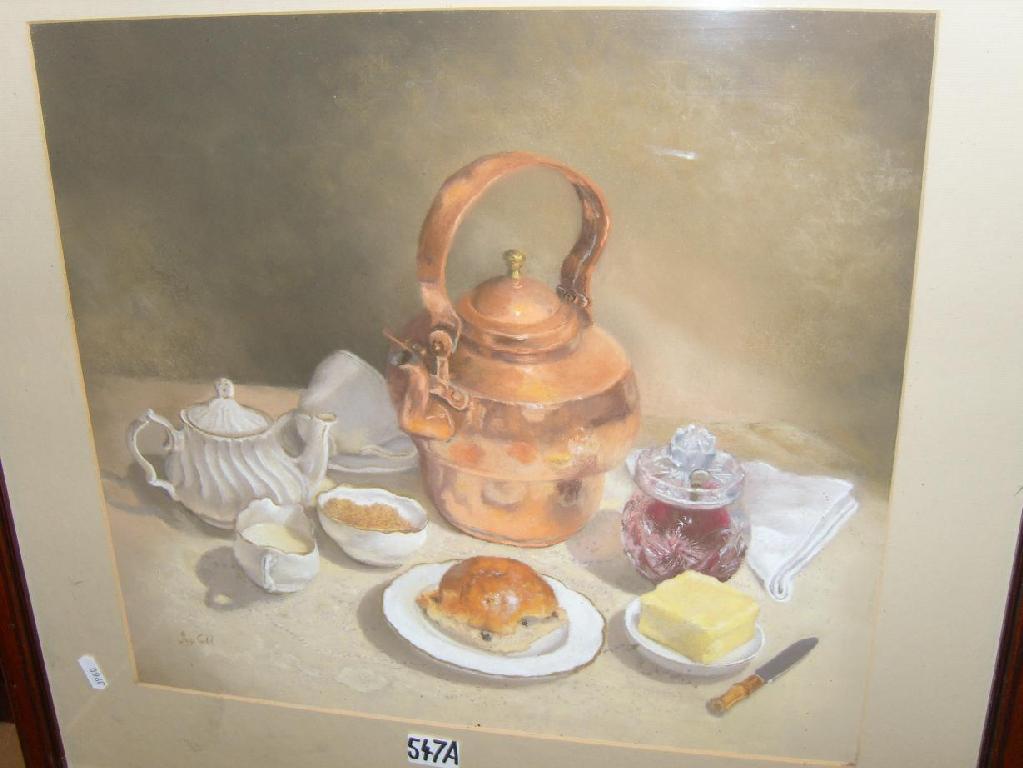 Appraisal: A pastel still life of a tea scene with copper