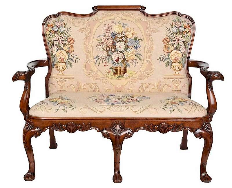 Appraisal: Irish Chippendale Style Upholstered Setee th century carved mahogany frame