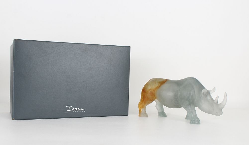 Appraisal: Large Daum France Rhino with Original Fitted Box Large Daum