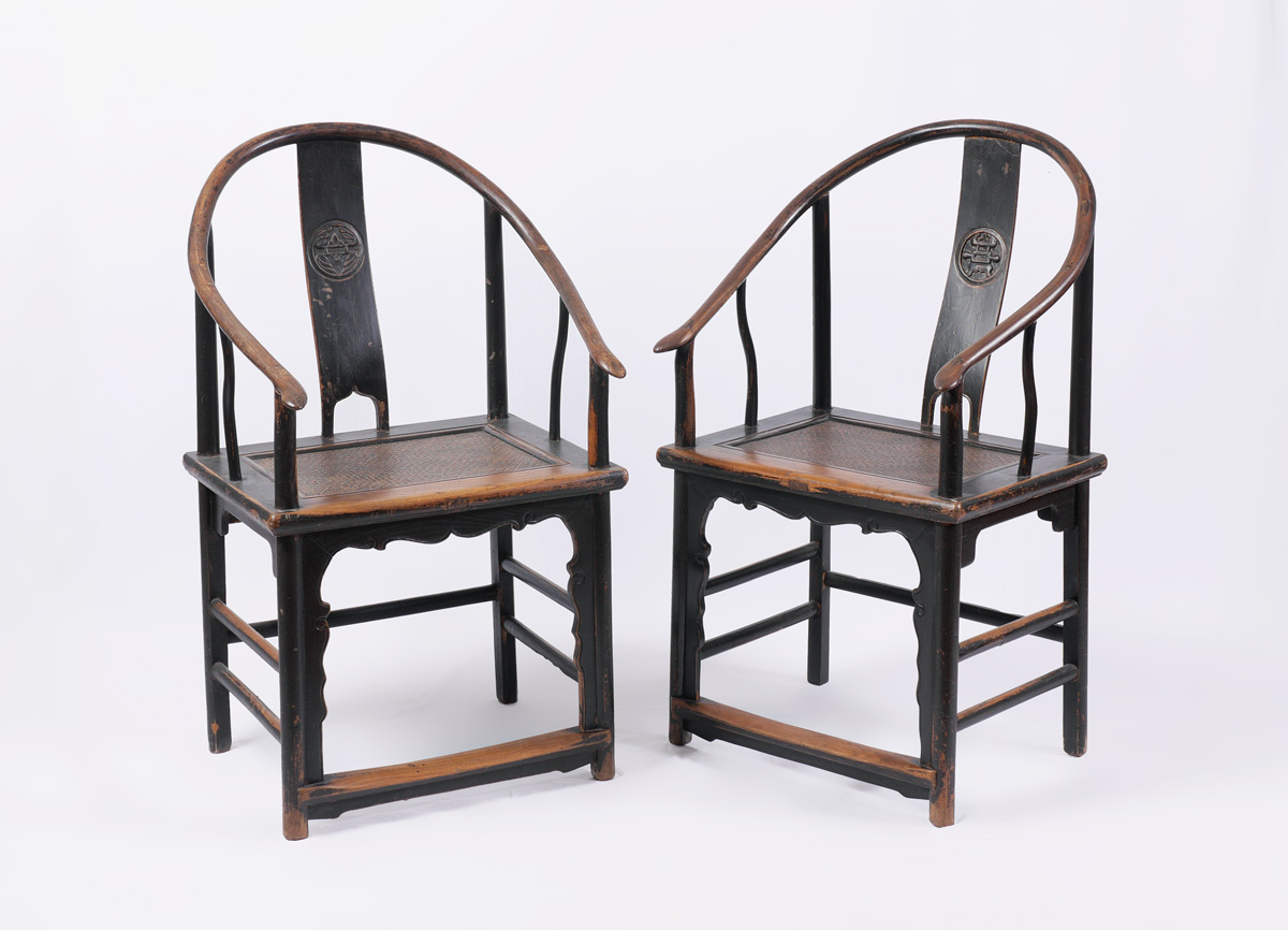 Appraisal: PAIR CHINESE HORSESHOE BACK ARM CHAIRS Remnants of black paint