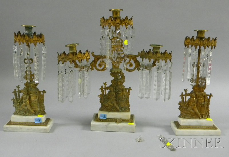 Appraisal: Three-piece Gilt-metal Figural and Marble-base Girandole Candelabra Set with Prisms