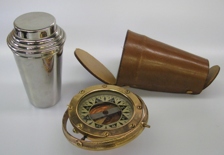 Appraisal: Eight-Piece German Leather-Cased Parcel-Gilt Chromium Travelling Cocktail Shaker second quarter