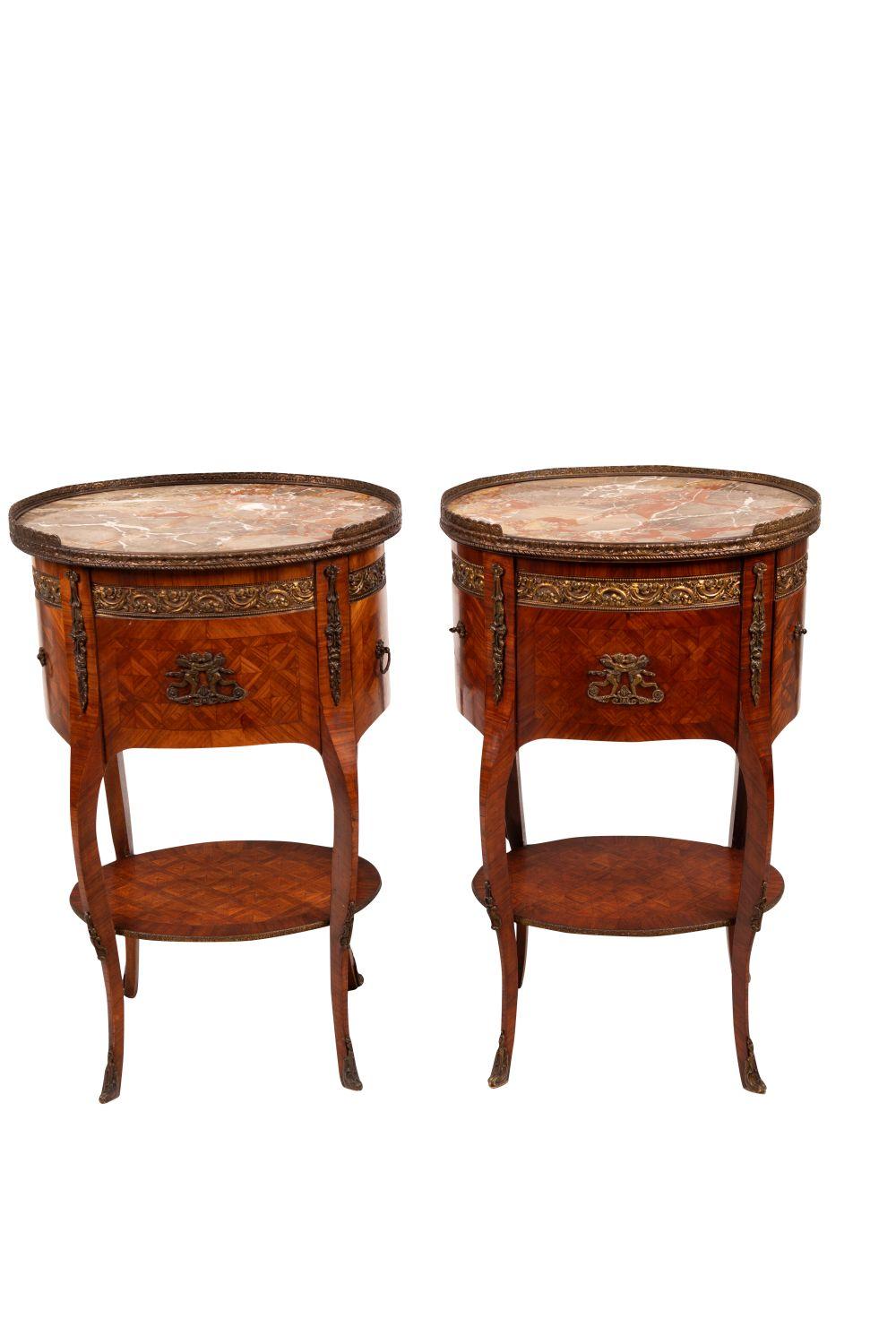 Appraisal: PAIR OF FRENCH PARQUETRY MARBLE TOP TABLES inches wide inches