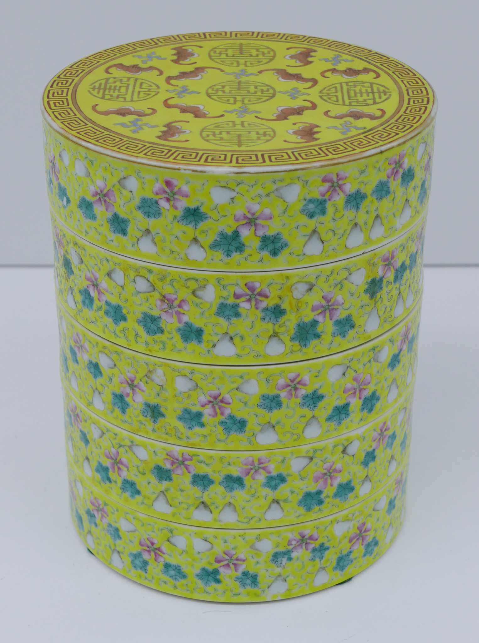 Appraisal: Chinese Guangxu Famille Jaune Stacking Box ''x '' A polychrome