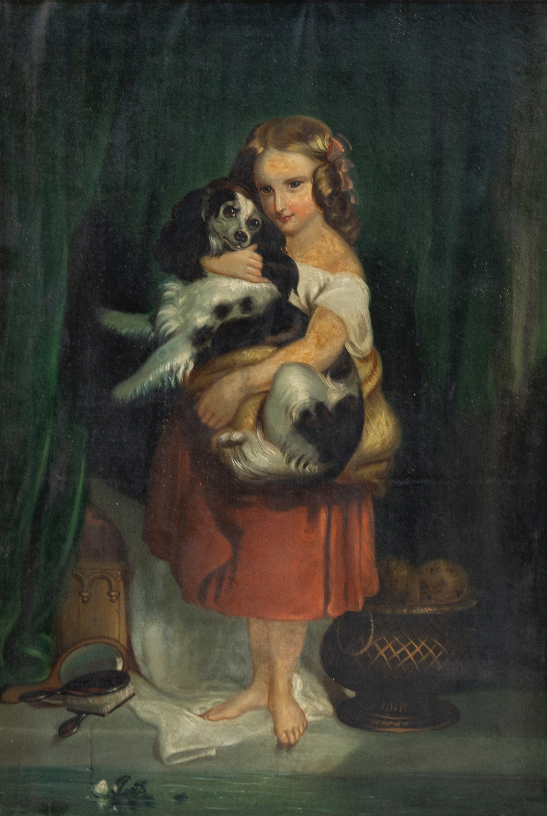 Appraisal: TH CENTURY PORTRAIT OF GIRL WITH DOG Oil on canvas