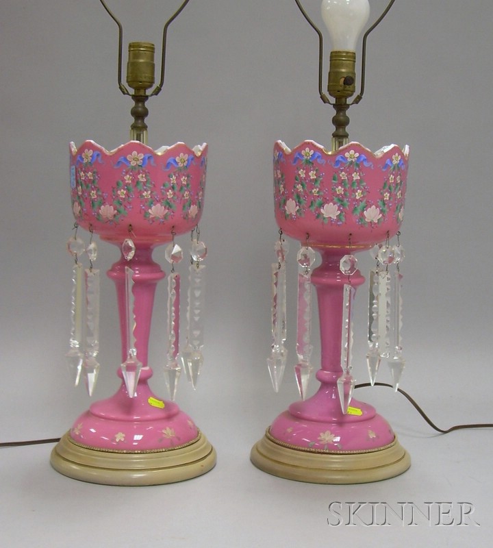 Appraisal: Pair of Enamel Floral and Ribbon Decorated Pink Cased Glass