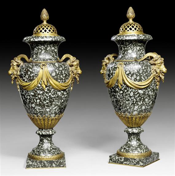 Appraisal: PAIR OF ORNAMENTAL VASES AUX TETES DE BOUCS Louis XVI