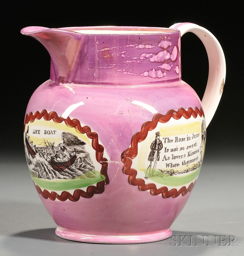 Appraisal: Large Sunderland Pink Lustre Transfer-decorated Pottery Jug England th century