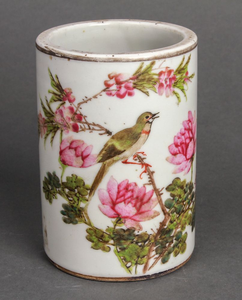 Appraisal: Chinese Hand-Painted Porcelain Brush Pot Chinese hand-painted calligraphy floral and