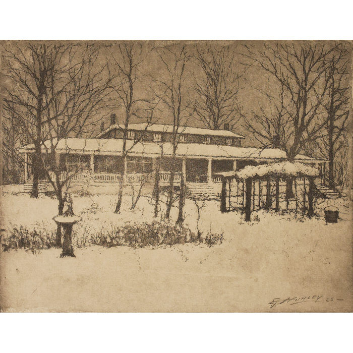 Appraisal: E T Hurley etching house in winter with birdbath signed