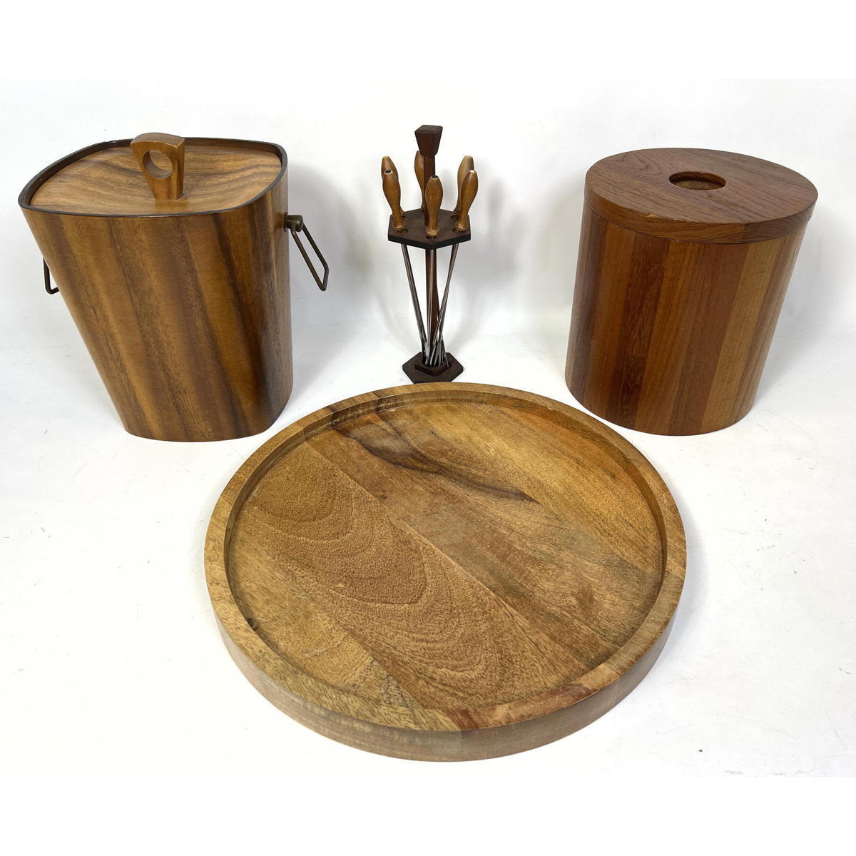 Appraisal: pc wood and teak ice buckets tray and pick set