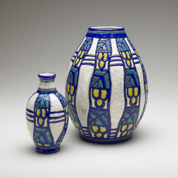 Appraisal: CHARLES CATTEAU BOCH FRERES Two enamel-decorated vases in cuerda seca