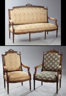 Appraisal: Three Piece French Louis XVI Style Carved Walnut S Three