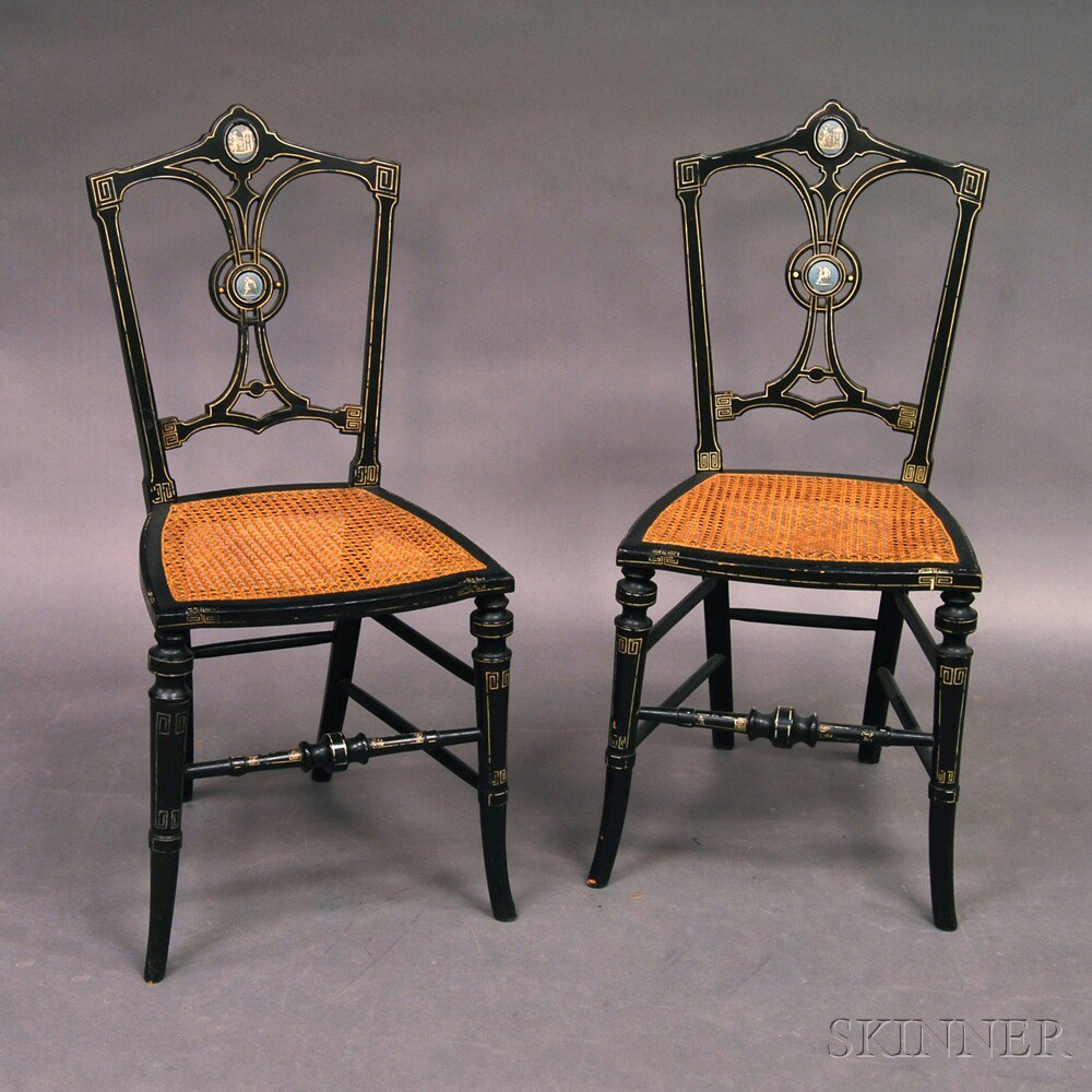 Appraisal: Pair of Lacquered Cane Seat Chairs the cresting and splat