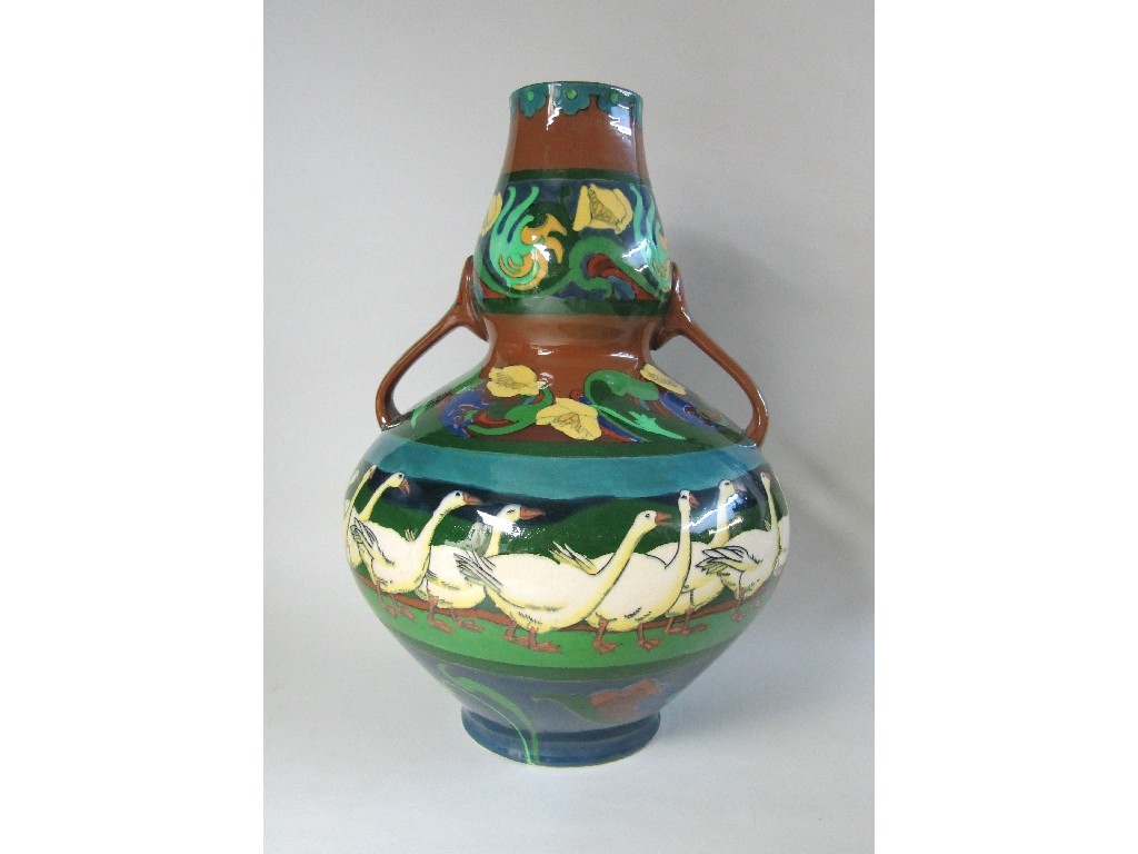 Appraisal: Foley 'Intarsio' two handled vase printed and painted with a