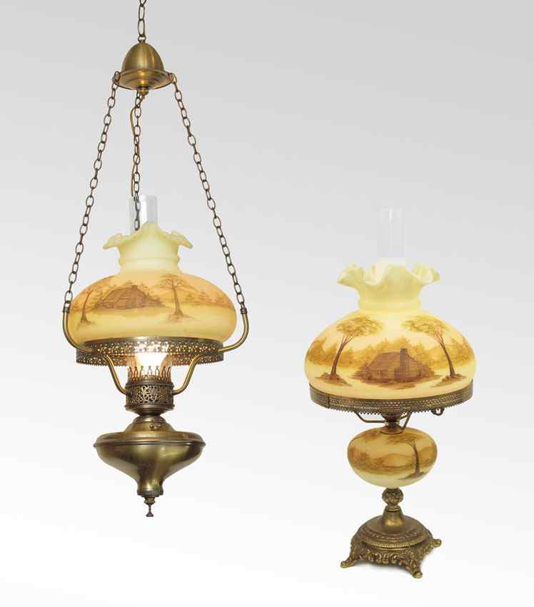 Appraisal: FENTON ARTIST SIGNED HANGING LAMP AND TABLE LAMP Custard glass