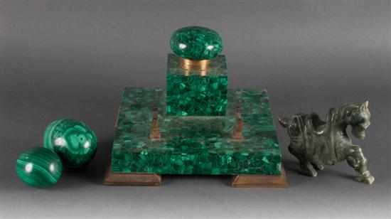 Appraisal: Malachite and gilt-metal standish two malachite eggs Chinese carved hardstone