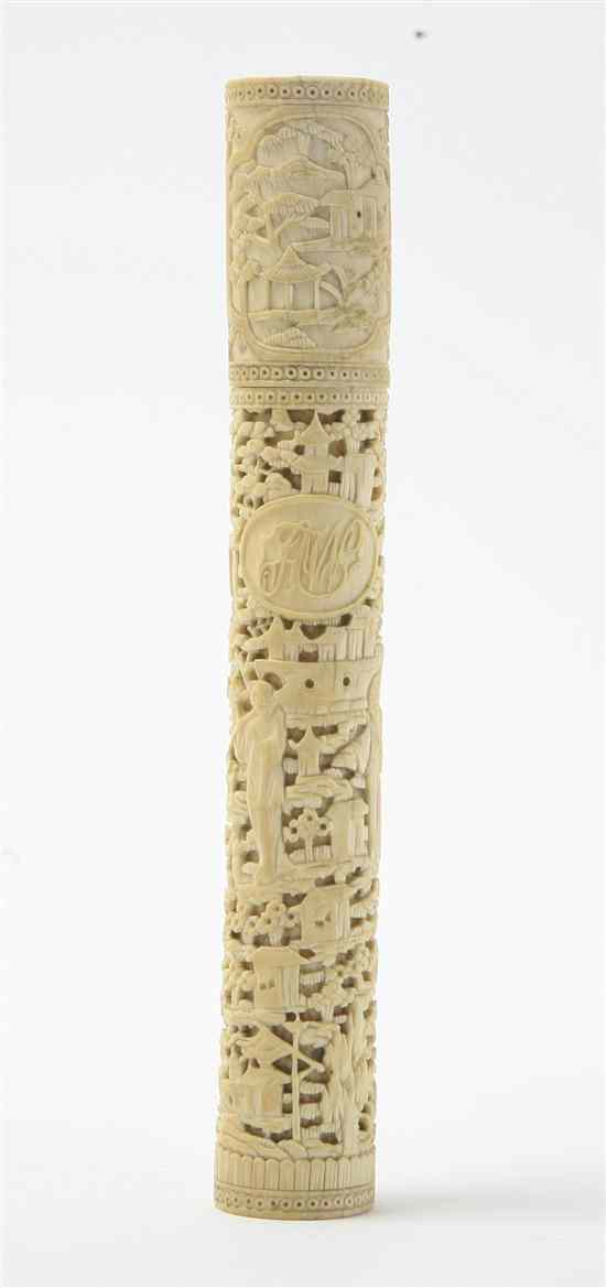 Appraisal: A Chinese Export Pierce Carved Ivory Pen Holder densely decorated