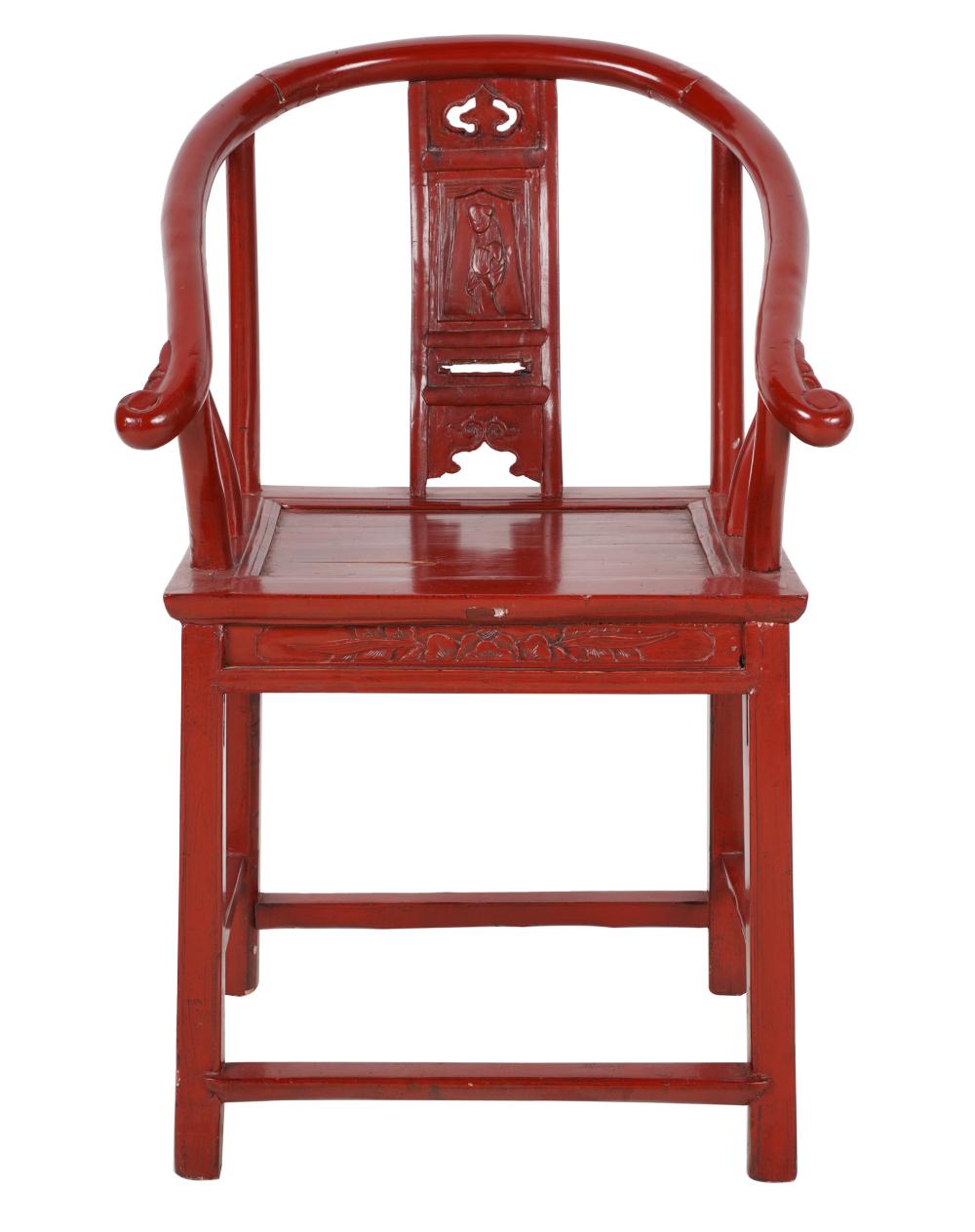 Appraisal: CHINESE RED-PAINTED HORSESHOE ARMCHAIRCondition a crack to spat nicks throughout