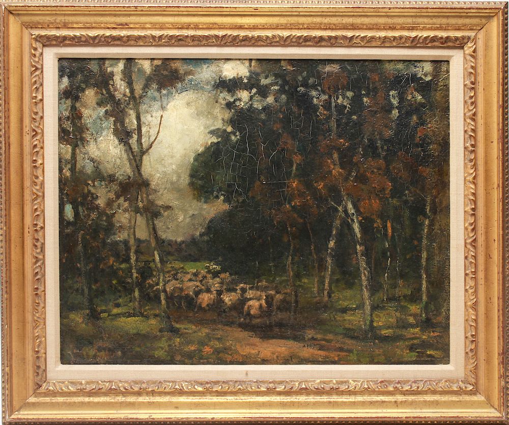 Appraisal: Signed Illegibly Barbizon Landscape w Sheep Oil Barbizon School Landscape