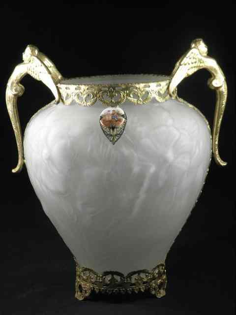 Appraisal: Phoenix frosted and metal mounted glass vase Features a floral