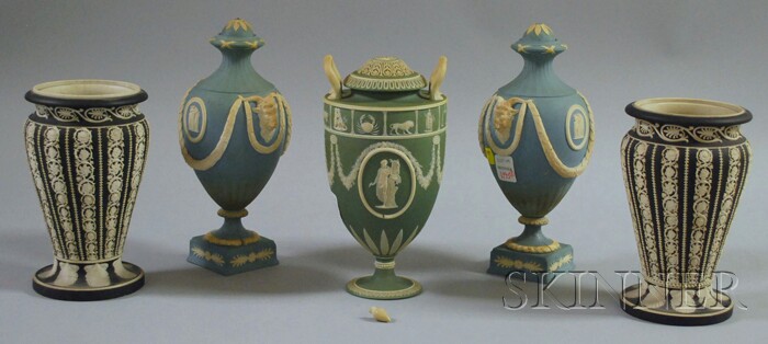 Appraisal: Five Wedgwood Jasper Dip Vases a pair of black vases