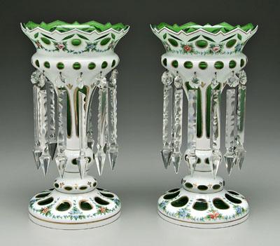 Appraisal: Pair cased glass lusters white cut to emerald floral and