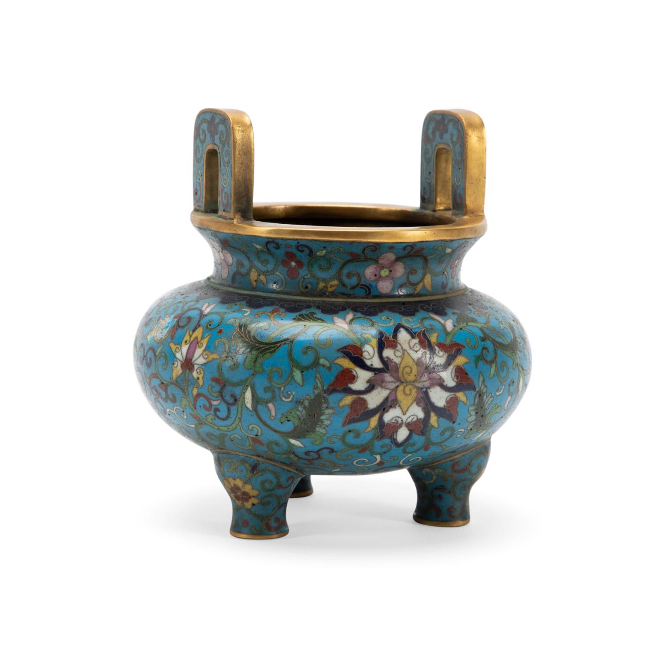 Appraisal: CHINESE CLOISONNE TRIPOD CENSER Chinese archaic style cloisonne tripod censer