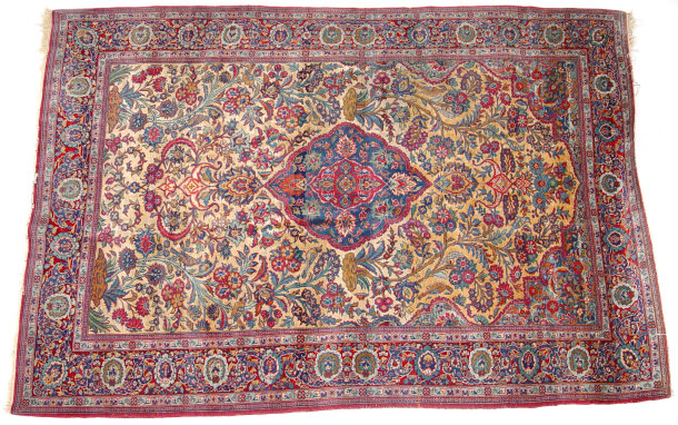 Appraisal: Rectangular red and cream ground rug profusely decorated with birds