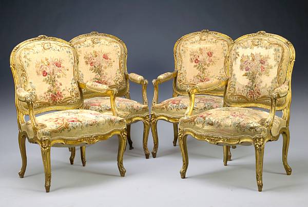 Appraisal: A set of four Louis XV style carved giltwood fauteuil