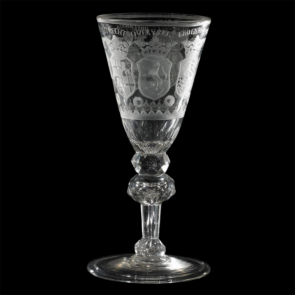 Appraisal: Dutch Engraved Armorial Glass Goblet mid- th century with the