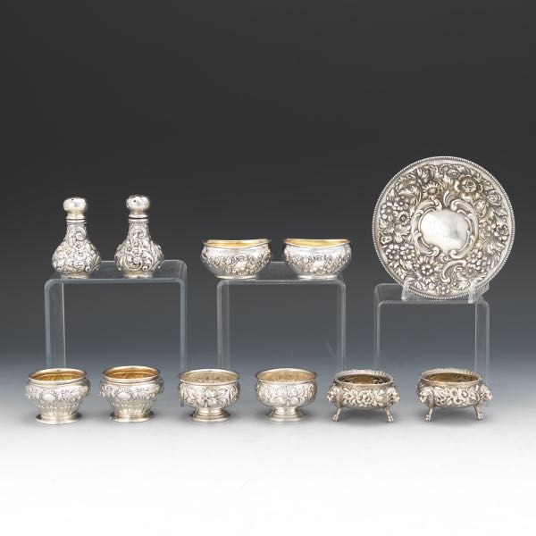 Appraisal: ELEVEN STERLING SILVER SALT CELLARS SALT PEPPER SHAKERS AND FOOTED