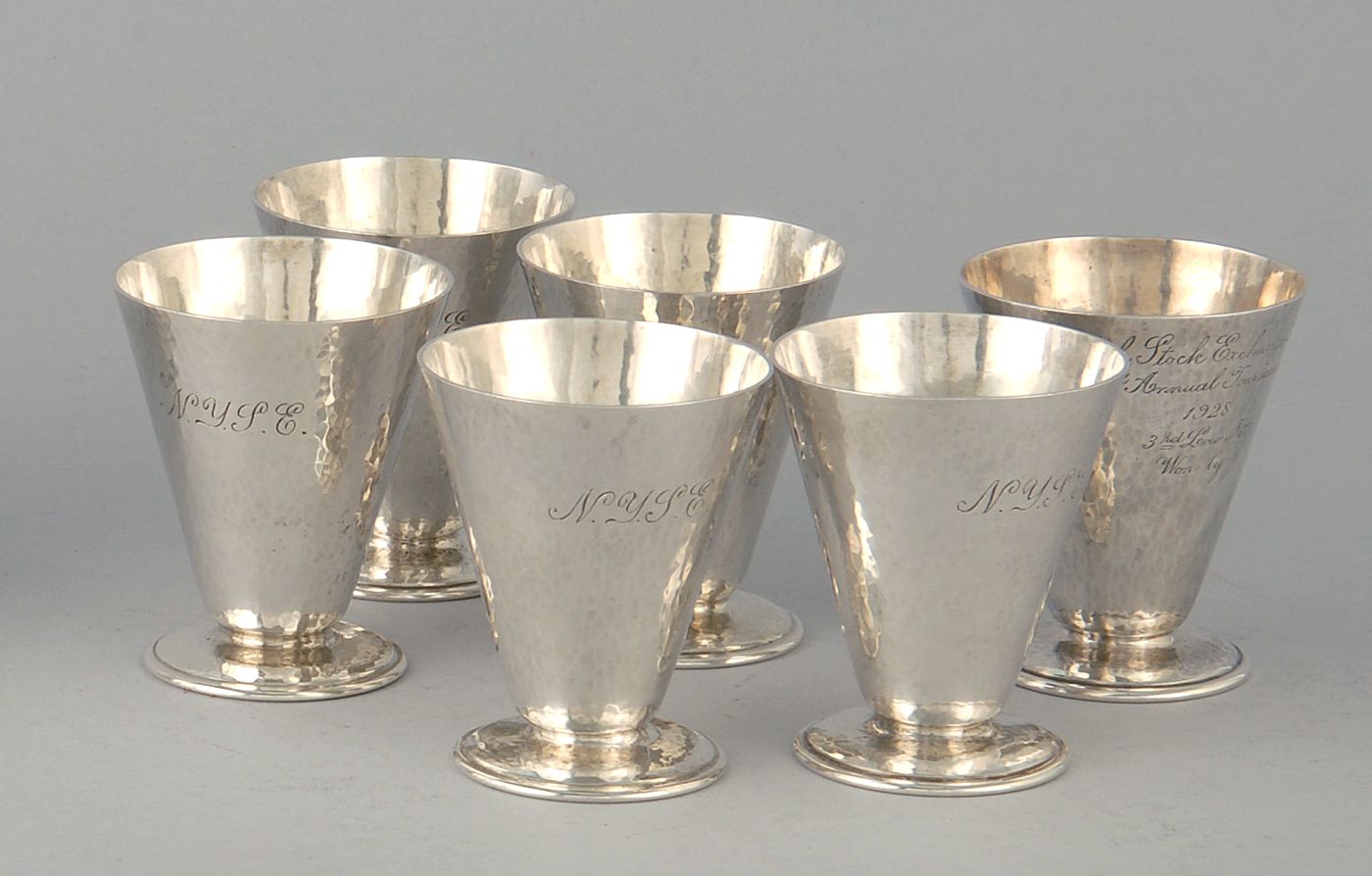 Appraisal: SIX HAND-HAMMERED STERLING SILVER CORDIALS With gold-washed interiors One inscribed