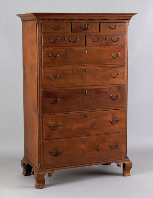 Appraisal: Pennsylvania Chippendale walnut tall chest ca the dental molded cornice