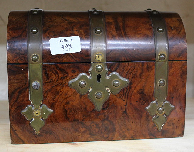 Appraisal: A VICTORIAN WALNUT AND BRASS BOUND CORRESPONDENCE BOX of casket