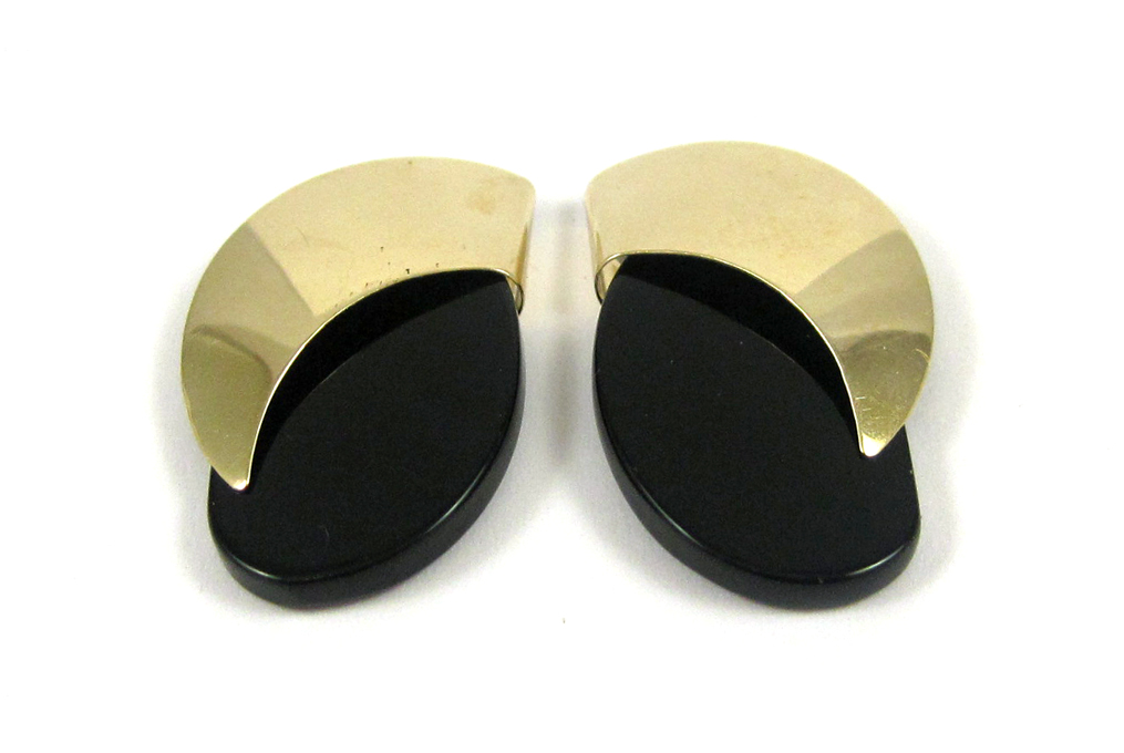 Appraisal: PAIR OF BLACK ONYX AND YELLOW GOLD EARRINGS by MK