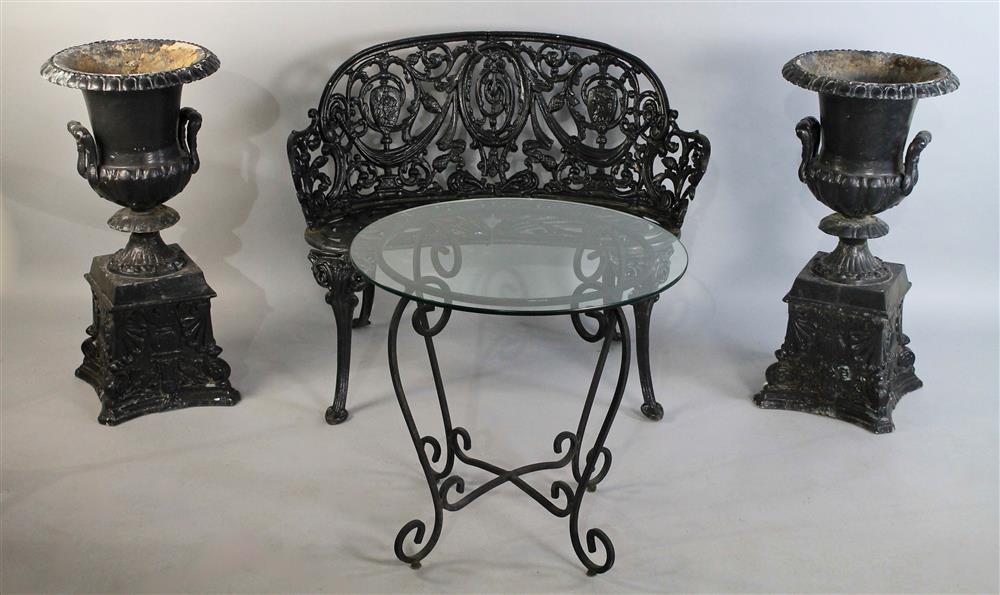 Appraisal: GROUP OF GARDEN FURNITURE INCLUDING WROUGHT IRON GARDEN SETTEE TWO