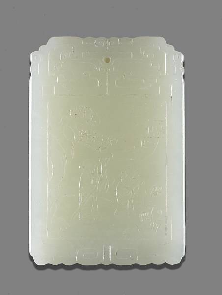 Appraisal: A pale greenish-white jade plaque The rectangular sectioned plaque carved