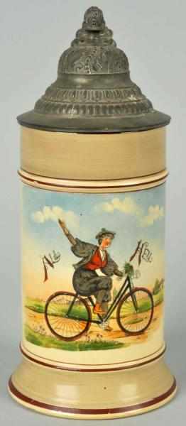 Appraisal: German Pottery Liter Stein Lady riding bicycle Pewter lid No